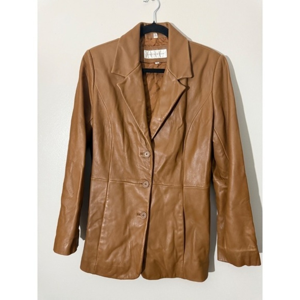 Jones New York‎ Leather Blazer Jacket Fitted Button Front Brown L